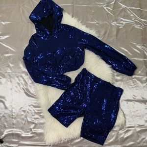Blue Sequin Hoodie & Shorts Set